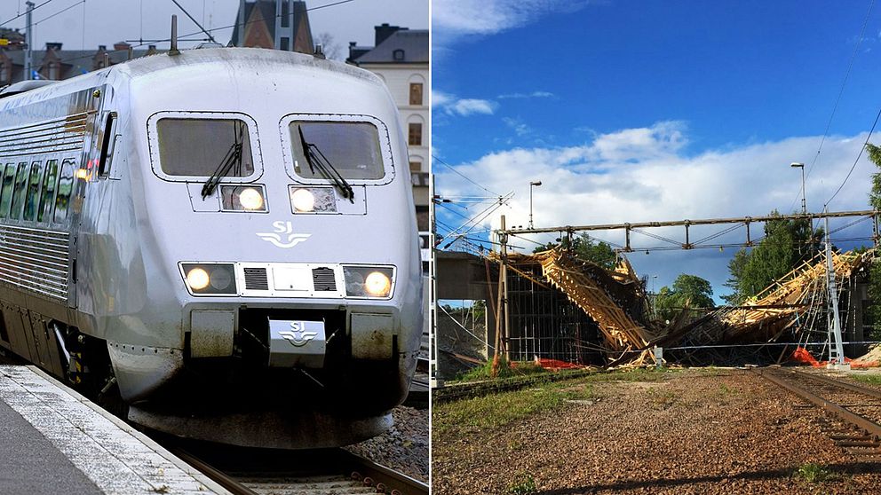 Två bilder: en bild på ett tåg och en bild från broraset.
