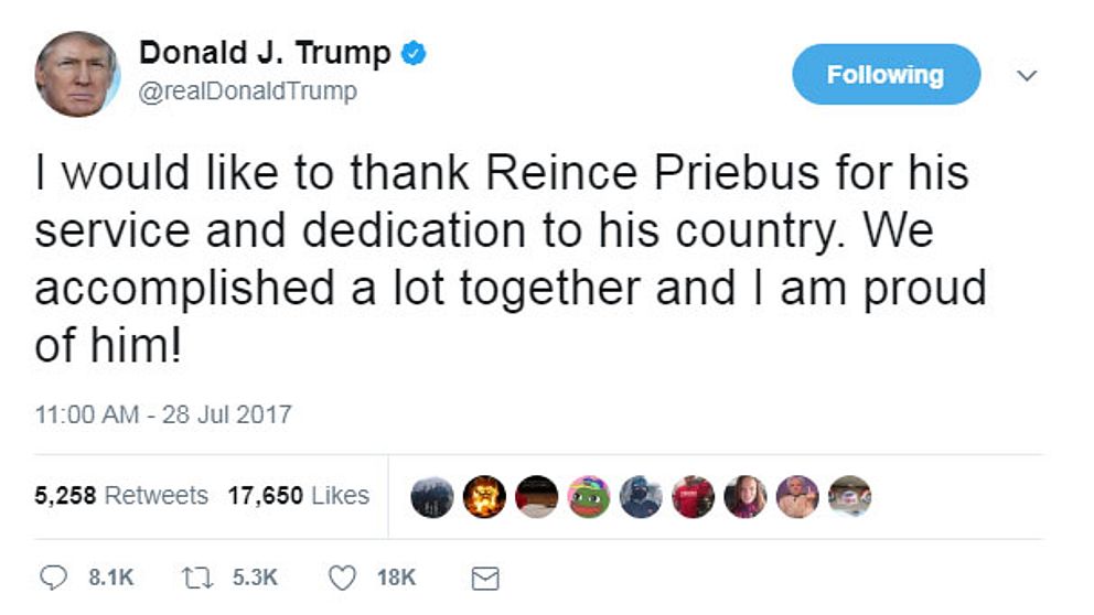 Skärmdump på Donalds Trump tweet där det står ”Jag vill tacka Reince Priebus för hans insats och hängivenhet till sitt land. Vi åstadkom mycket ihop och jag är stolt över honom!”.