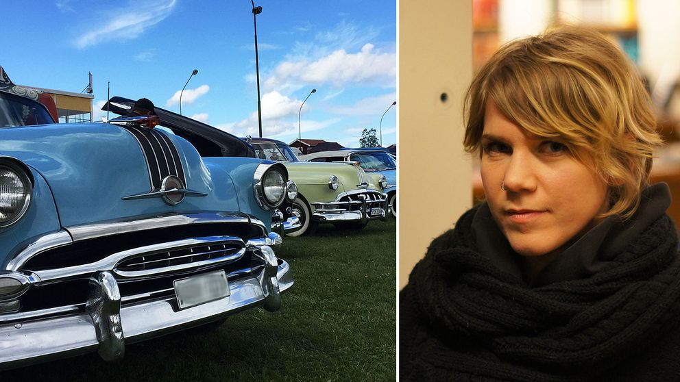 Två bilder: Till vänster veteranbilar på rad, till höger en bild på Annelie Johansson.