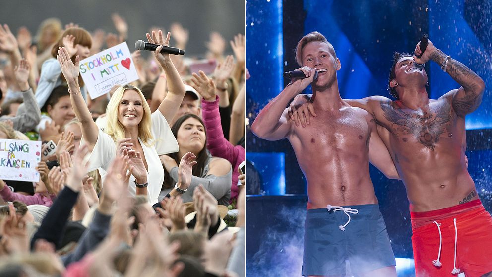 Publiken sjunger loss under tisdagens Allsång. Till höger Samir och Viktors framförande av ”Bada nakna” i Melodifestivalen.