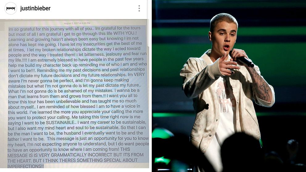 Justin Biebers meddelande på Instagram.