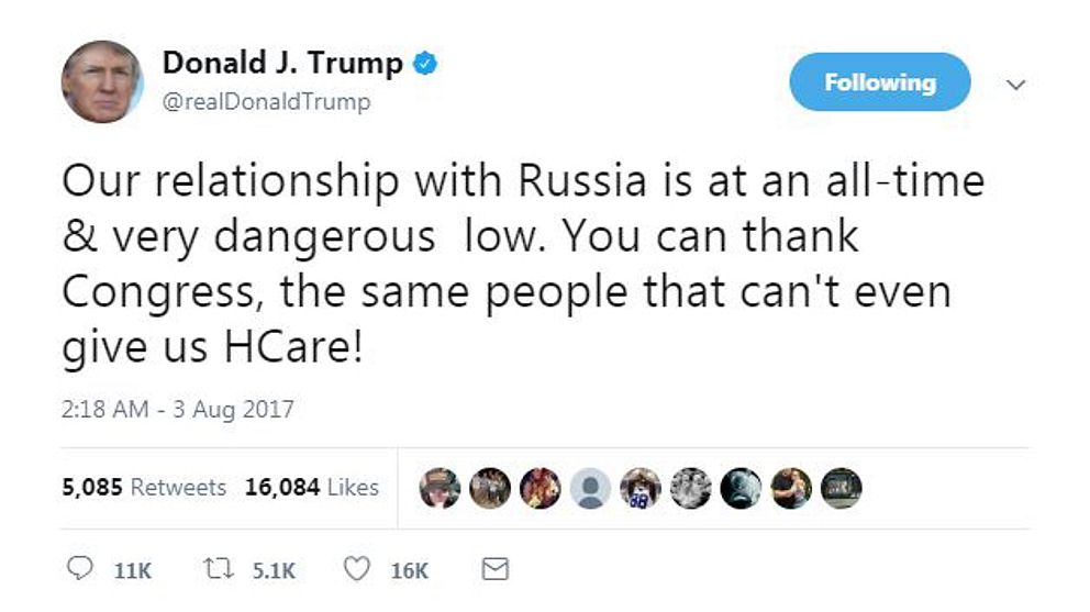 Enligt Trump beror en nu dålig relation med Ryssland på kongressen som ”inte ens kan ge oss sjukvård”, skriver han på Twitter.