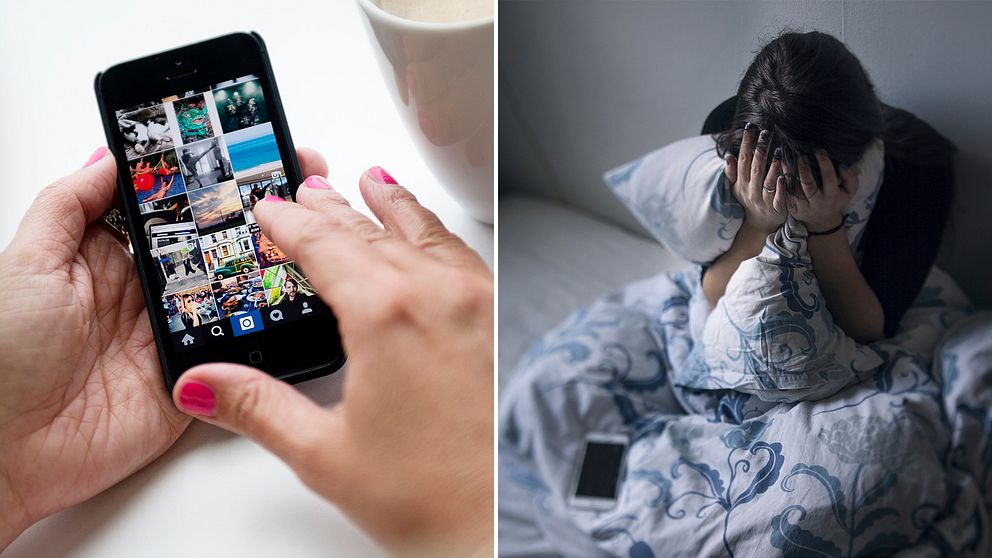 Bild på appen instagram och billd på en ung kvinna som sitter i en säng med en karta tabletter bredvid sig och med händerna för ansiktet.