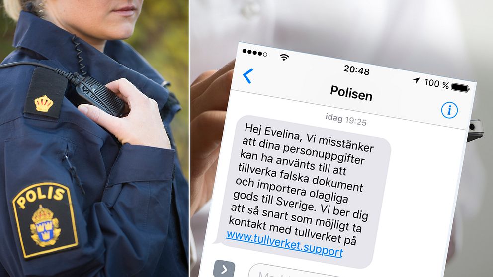 En polis och exempel från polisen hur sms:et ser ut.