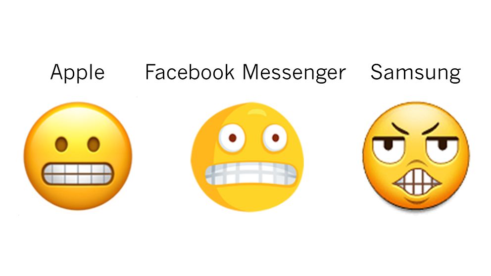 Tre tolkningar av ”grimaserande emoji”.