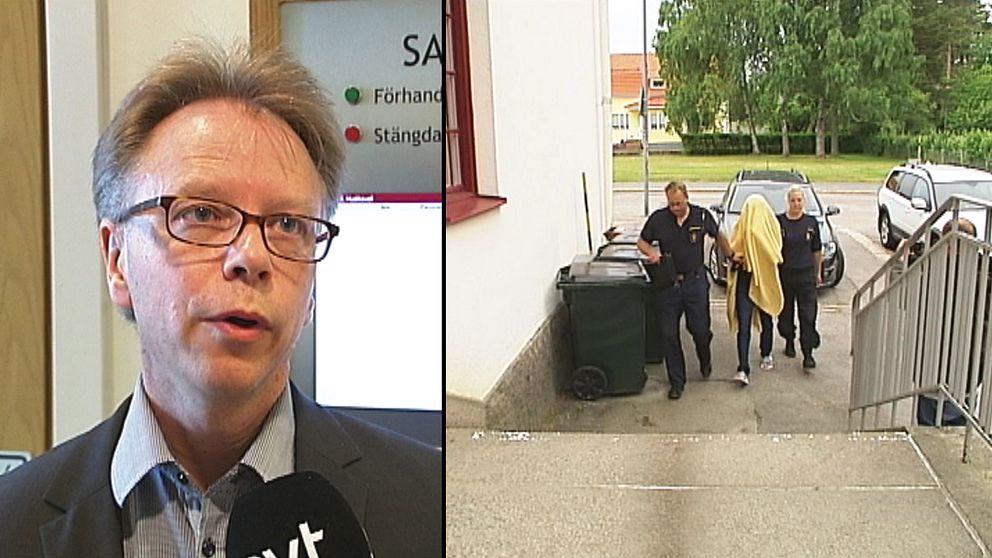 en man med glasögon intervjuas, en person under filt förs in mot tingshuset.