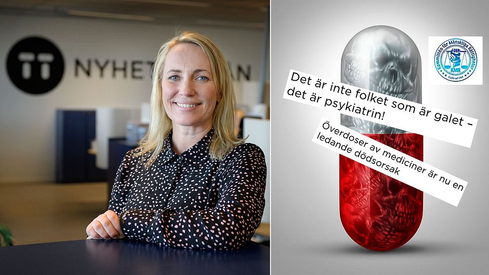 Lina Hedenström, vice vd för Nyhetsbyrån TT. Till höger: Bild och rubriker från Kommittén för mänskliga rättigheters pressutskick.