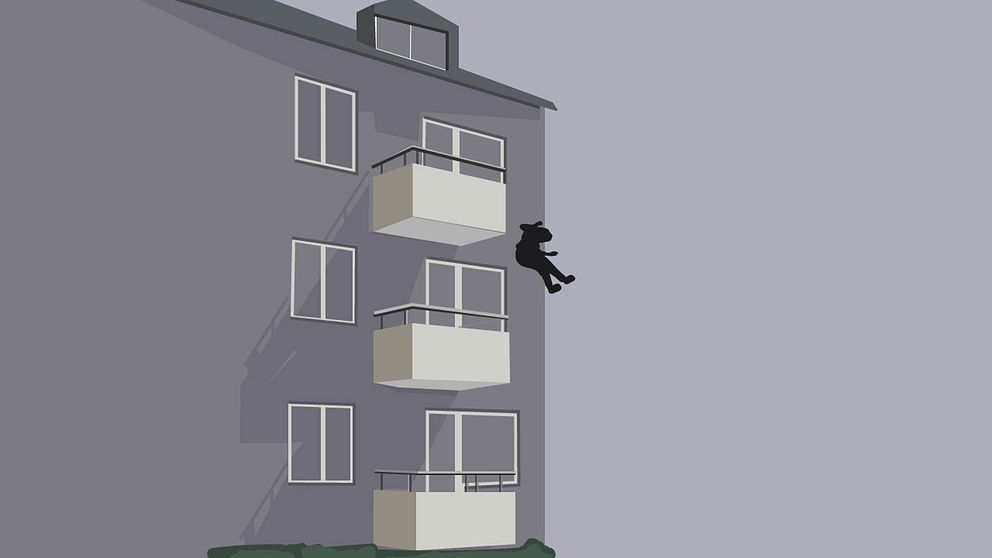 Grafik: Person faller från balkong på tredje våningen