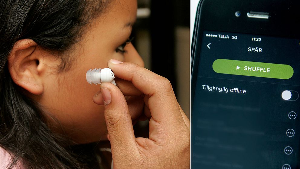 En kvina med hörlurar, samt Spotifys telefonapp