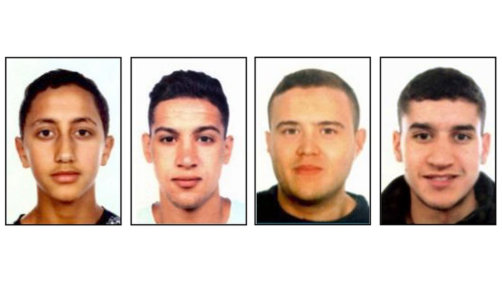 Fyra av de misstänkta terroristerna. Vänster till höger: Moussa Oukabir (17), Said Aallaa (18), Mohamed Hychami (24) och Younes Abouyaaqoub (22).