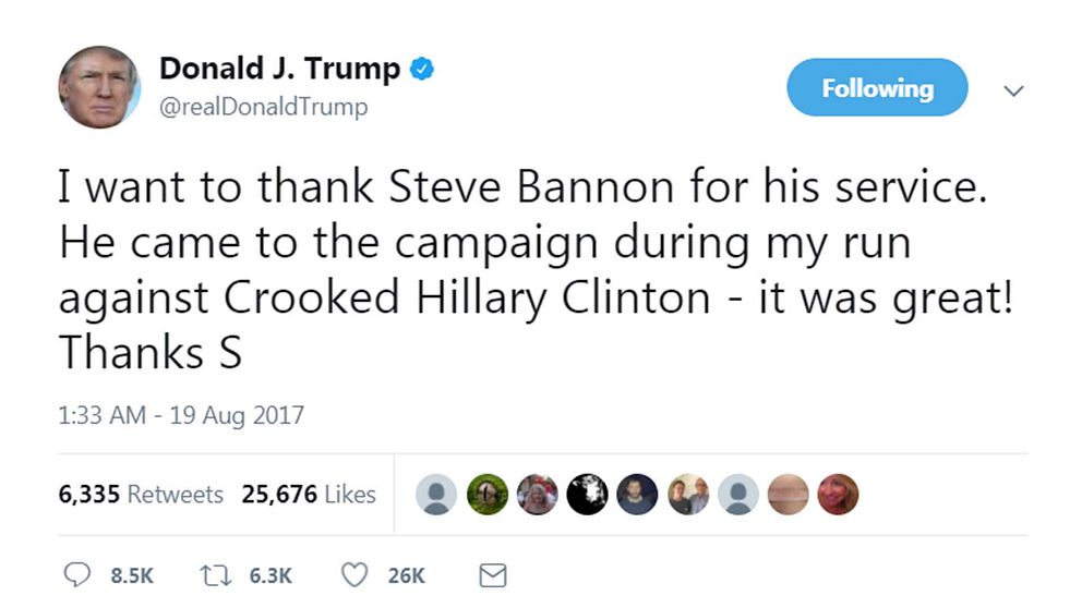 Ett tweet från USA:s president Donald Trump där han tackar den avskedade chefsstrategen Steve Bannon.