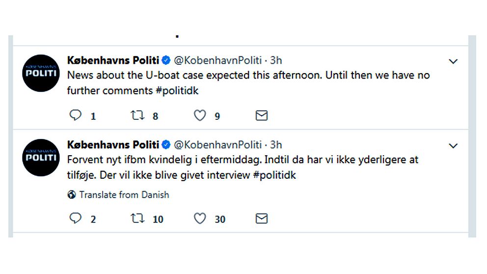 Köpenhamnspolisen skriver på Twitter att de kommer gå ut med ny information i eftermiddag om kroppen som hittades i Kögebukten – men att de inte kommer finnas tillgängliga för enskilda intervjuer.