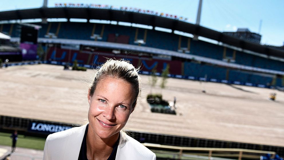 Sveriges Malin Bayard inför hopptävlingarna vid EM i ridsport på Ullevi.