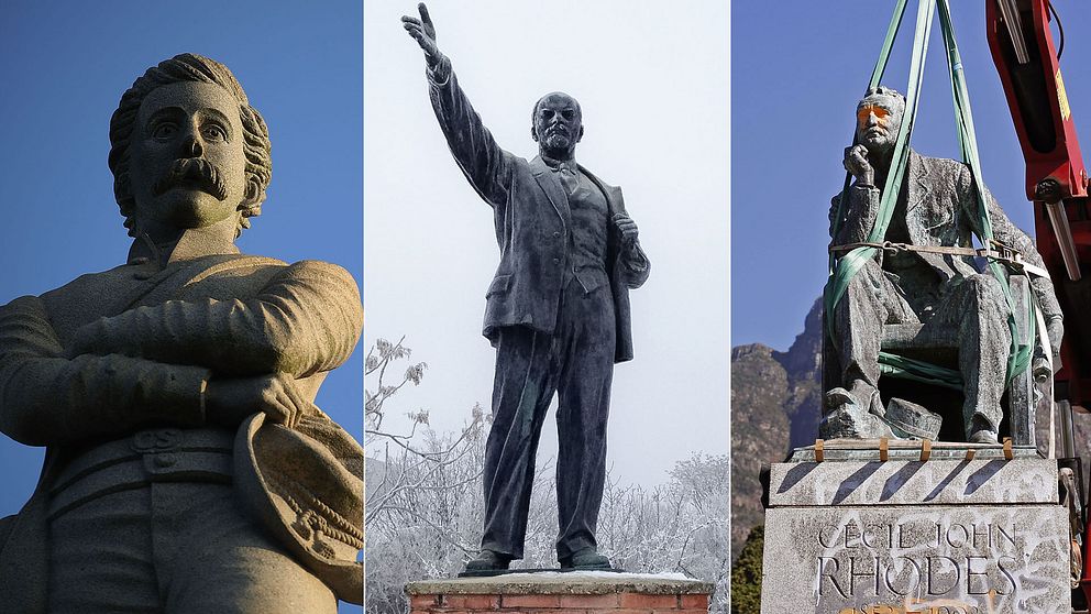 En amerikansk sydstatssoldat, Lenin-monument och kolonialpolitikern Cecil Rhodes är tre exempel på statyer som väckt debatt, flyttats eller rivits ned.
