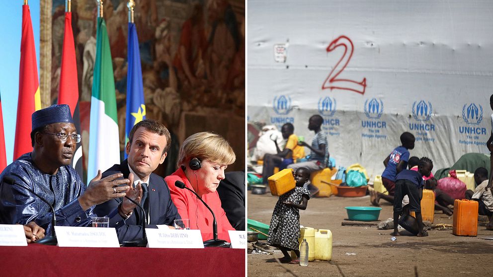 Tchads president Idriss Deby, Frankrikes president Emmanuel Macron, Tysklands förbundskansler Angela Merkel. Arkivbild från ett flyktingläger i Uganda.