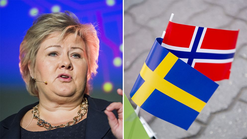 Till vänster en bild på Erna Solberg mot blå bakgrund. Till höger två pappersflaggor, en svensk och en norsk.