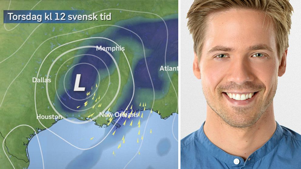 SVT:s meteorolog Nils Holmqvist och en väderkarta över Texas.
