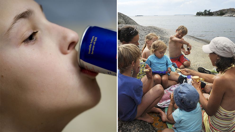 Pojke som dricker energidryck och familj som har picknick.