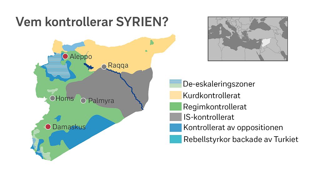 Syrien är uppdelat i områden som olika parter kontrollerar samt de-eskaleringszoner, områden där man försöker upprätthålla eldupphör.