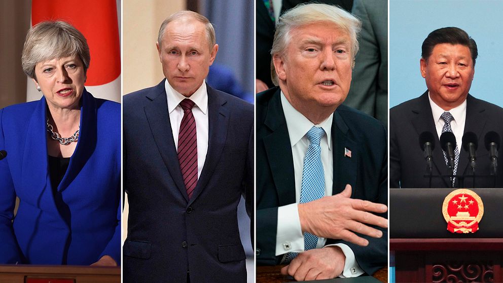 Från vänster: Storbritanniens premiärminister Theresa May, Rysslands president Vladimir Putin, USA:s president Donald Trump och Kinas president Xi Jinping. Bilden är ett montage.