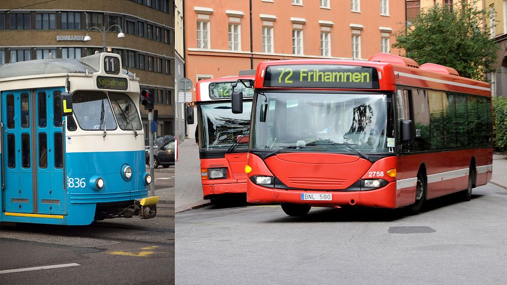 En spårvarg i Göteborg och en SL-buss