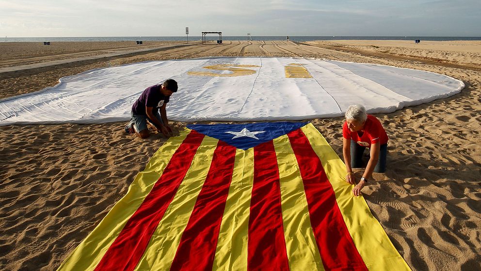 Aktivister vecklar ut en självständighetsflagga inför omröstningen i Katalonien