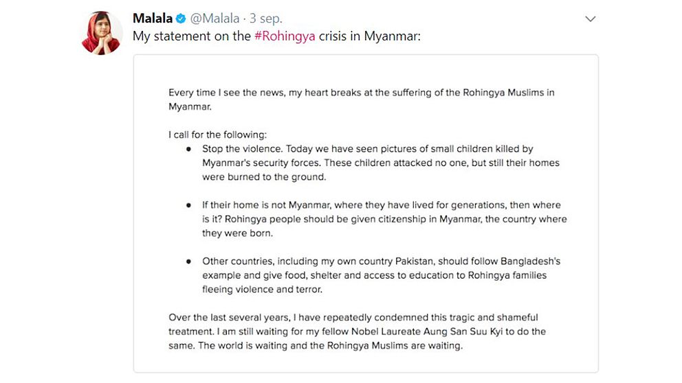 Ett Twitterinlägg från Malala