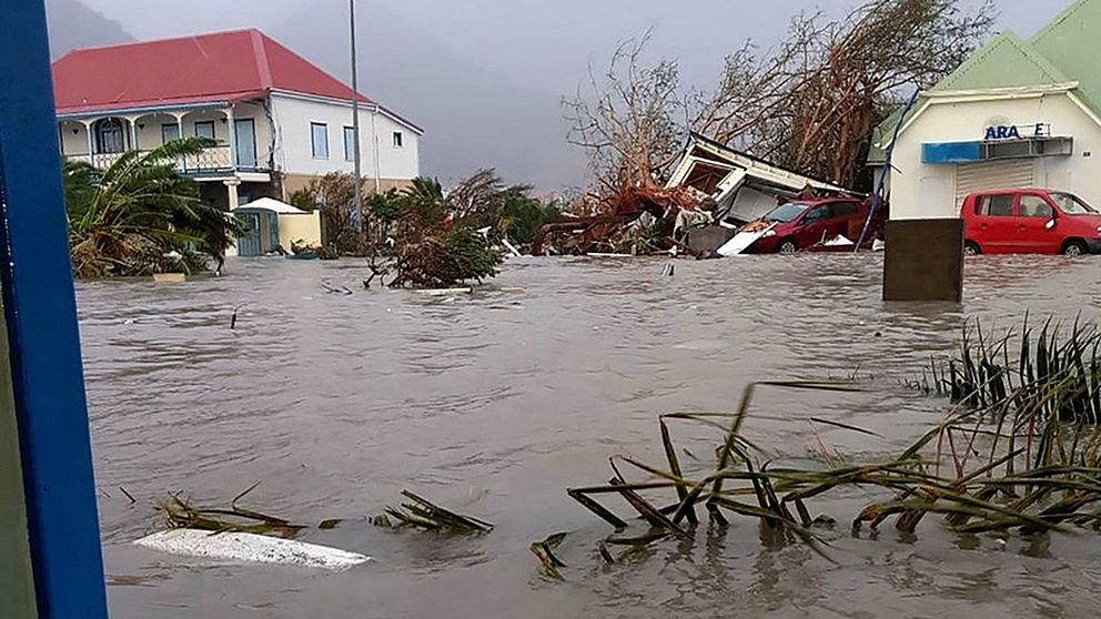 En översvämmad gata på den franska ön Saint-Martin.