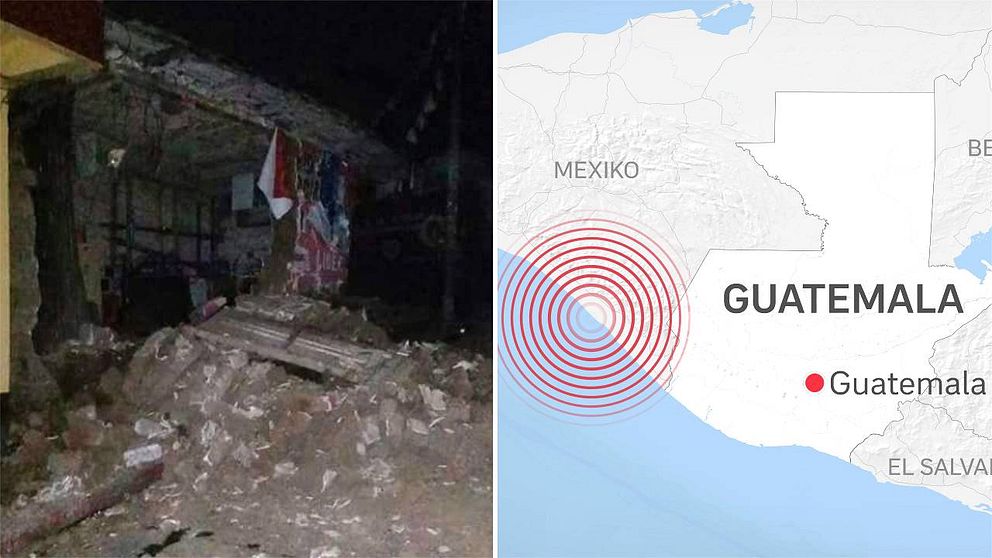 Bild som visar förströrelsen i Tacaná i Guatemala och karta.
