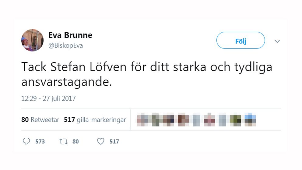 Skärmdump från Eva Brunnes Twitter-konto med texten: ”Tack Stefan Löfven för ditt starka och tydliga ansvarstagande.”