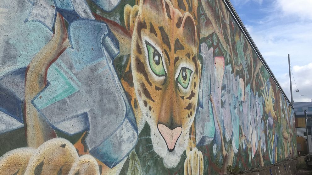 En bild på grafittmålningen med en stor jaguar i förgrunden.