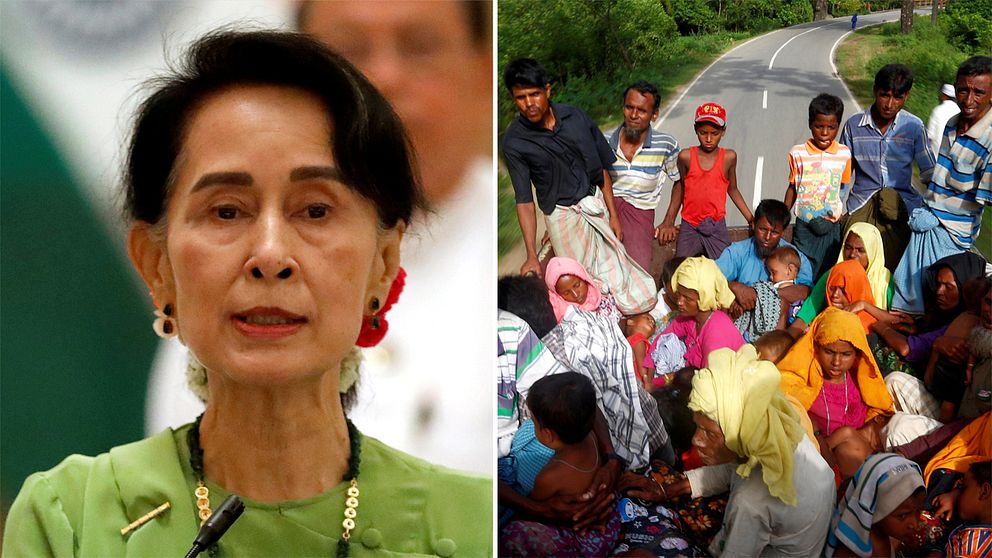 Till vänster en bild av Aung San Suu Kyi. Till höger rohingyier som flyr Burma på en lastbil.