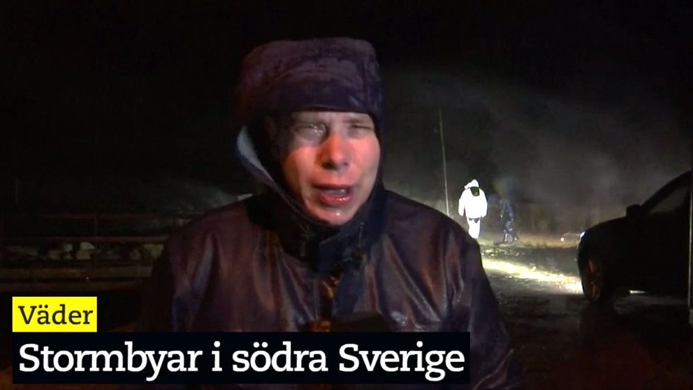 SVT:s reporter Mikael Nilsson har svårt att hålla sig på benen i Trelleborgs hamn