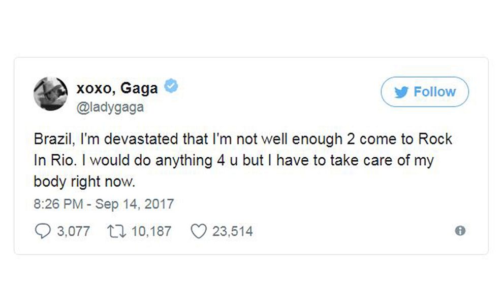 Lady Gaga ber sina fans i Brasilien om ursäkt för att hon måste ställa in fredagens spelning i Rio. ”Jag måste ta hand om min kropp just nu”, skriver artisten.