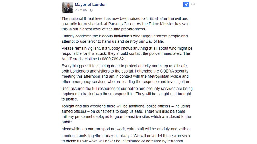 Londons borgmästare Sadiq Khans inlägg på Facebook