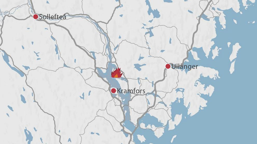 En karta över delar av Västernorrland där branden i Nyhamn är markerad med en symbol för en brand.