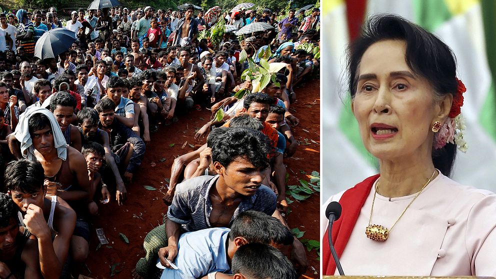 Rohingyer som flytt från Burma samlade i ett flyktingläger i Bangladesh väntar på förnödenheter från lokalbefolkningen. Samt Burmas ledare Aung San Suu Kyi.