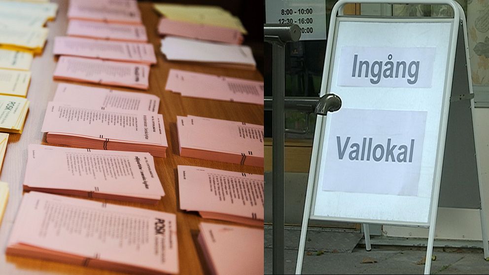 Ett bord med valsedlar till kyrkovalet och till vänster en skylt med texten ”ingång vallokal”