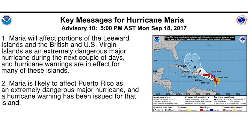 Maria beskrivs som en extremt farlig orkan av USA:s orkancenter NHC.