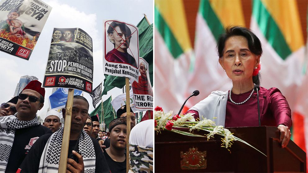 Till vänster flera personer håller upp plakat och protesterar. Till höger Aung San Suu Kyi står i talarstolen framför en mängd burmesiska flaggor.