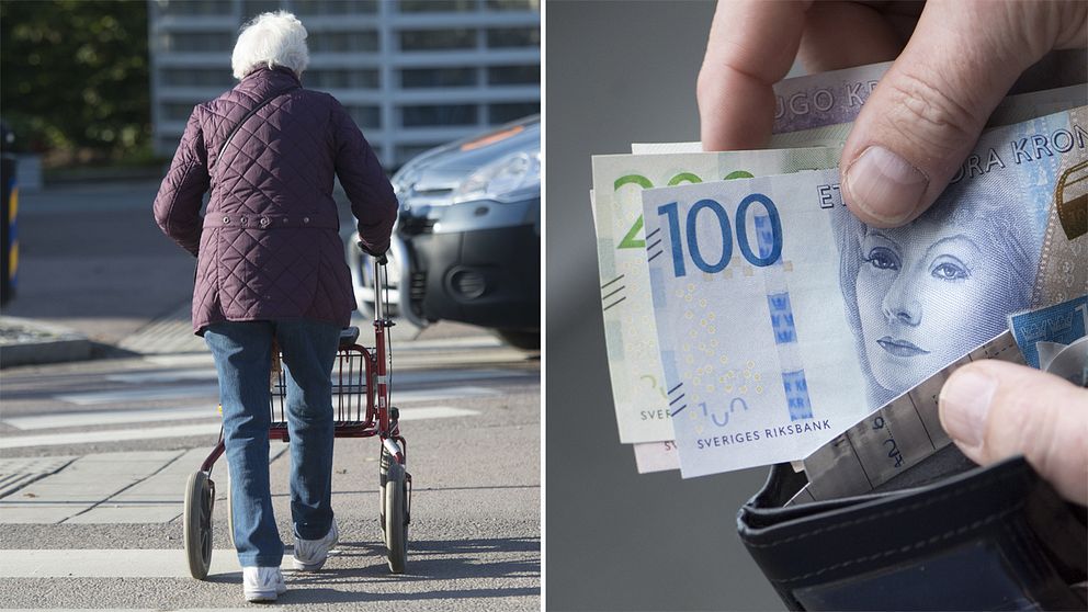 Till vänster en pensionär som går med rullator. Till höger en plånbok med sedlar.