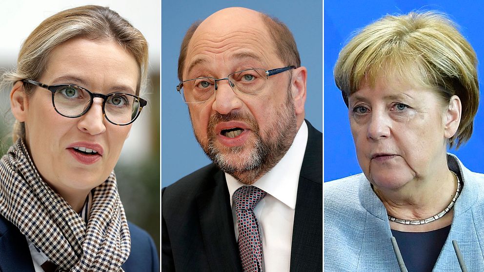 AFD:s kanslerskandidat Alice Weidel, SPD:s Martin Schulz och CDU:s Angela Merkel.
