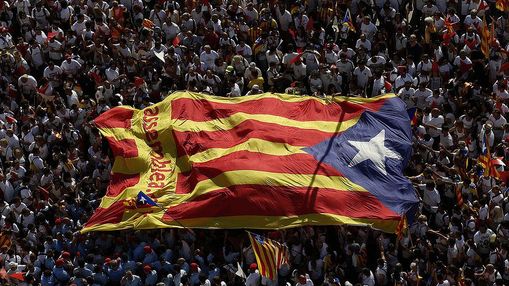 Ett hav av människor på ett torg. En stor katalansk flagga bärs av folket över deras huvuden.