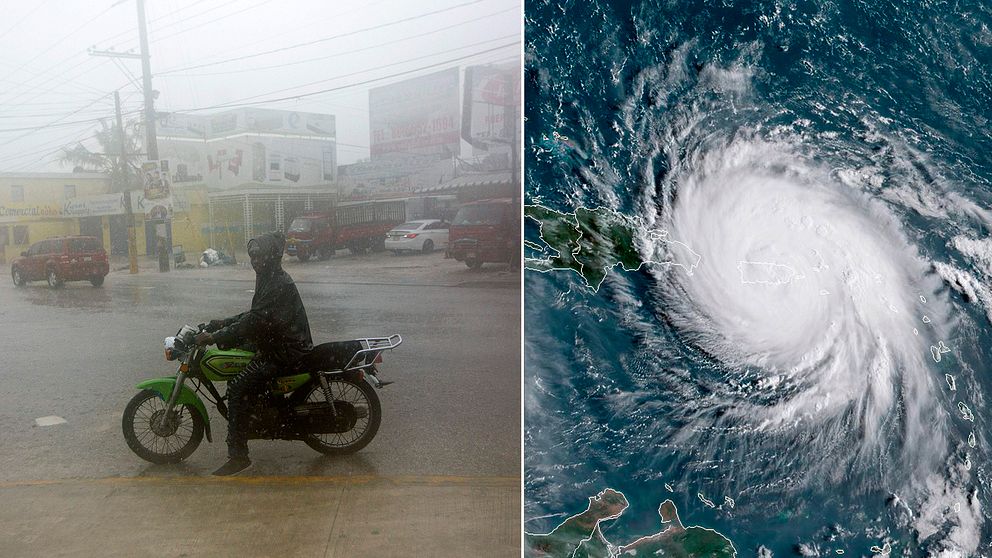 En man på motorcykel längs en översvämmad gata i dominikanska Punta Cana, samt en satelitbild av orkanen Maria över Puerto Rico