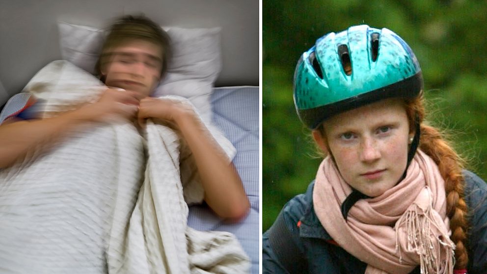 Ung man i säng och flicka med cykelhjälm