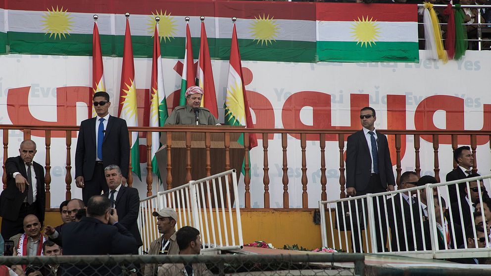 President Barzani talar inför tusentals åhörare på stadion, Franso Hariri Erbil.