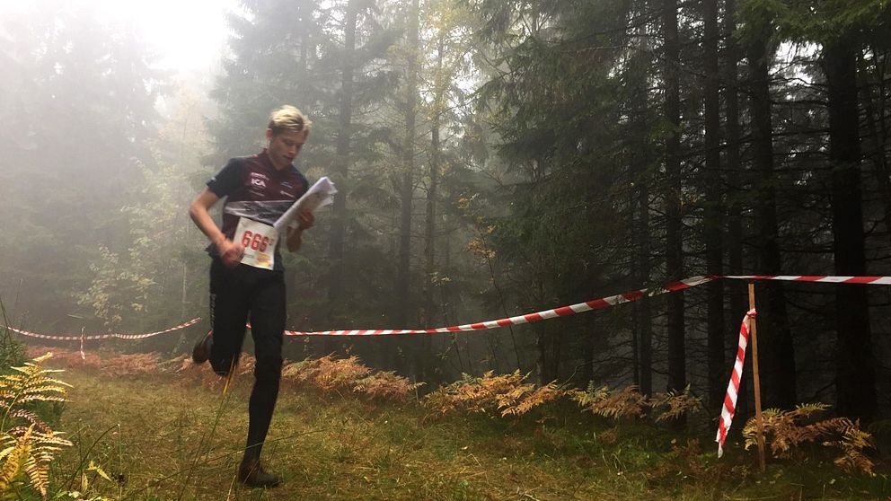 Filip Trofast från Bredaryds SOK orienterar i skogen.