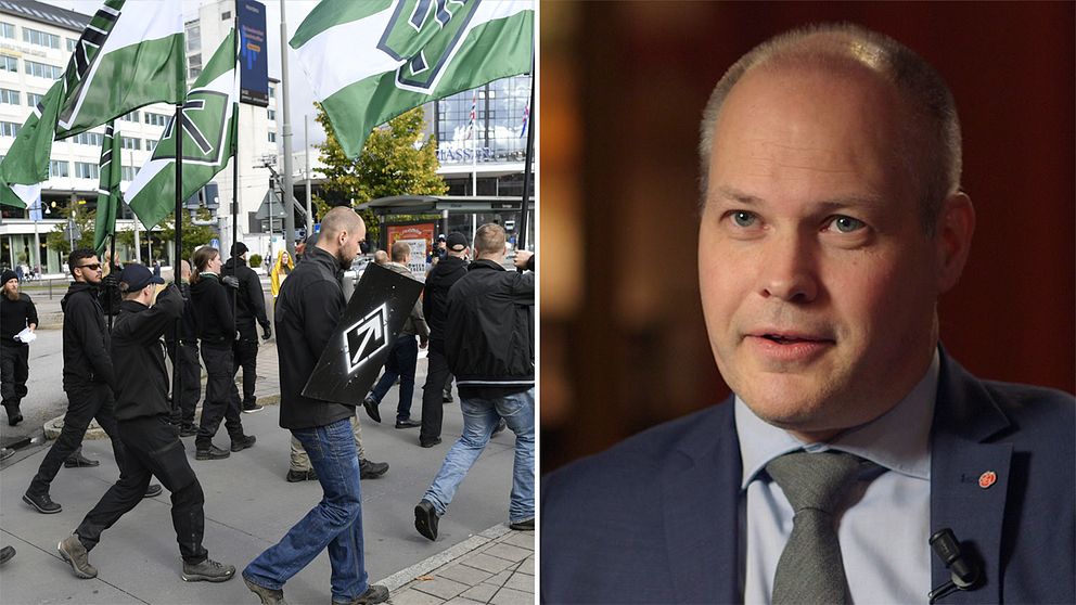 Till vänster Nordiska motståndsrörelsen demonstrerar i Göteborg. Till höger Morgan Johansson.