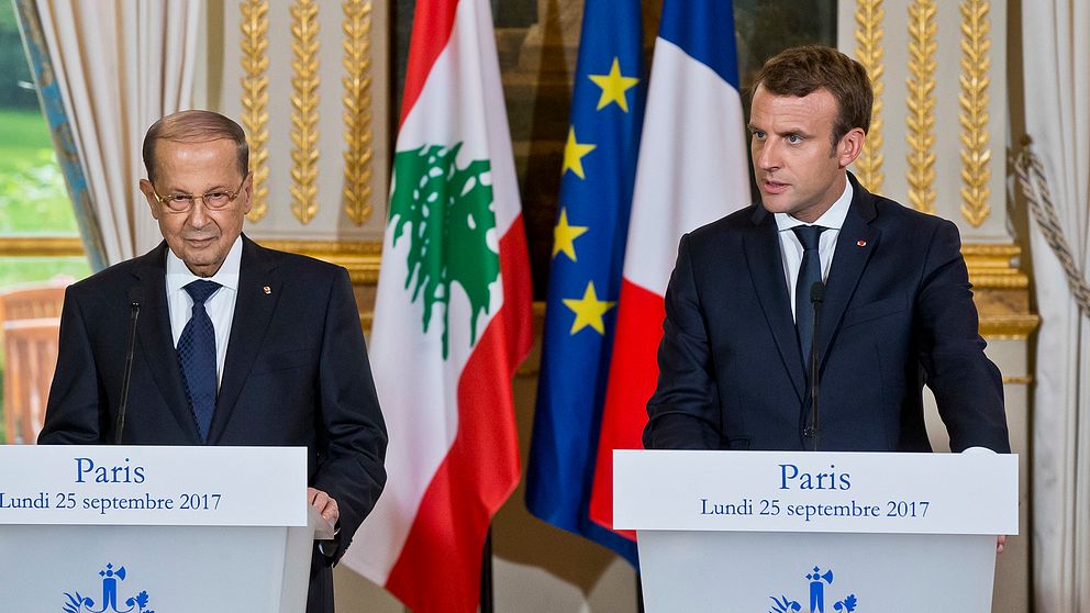 Den libanesiska presidenten Michel Aoun med sin franske kollega Emmanuel Macron.