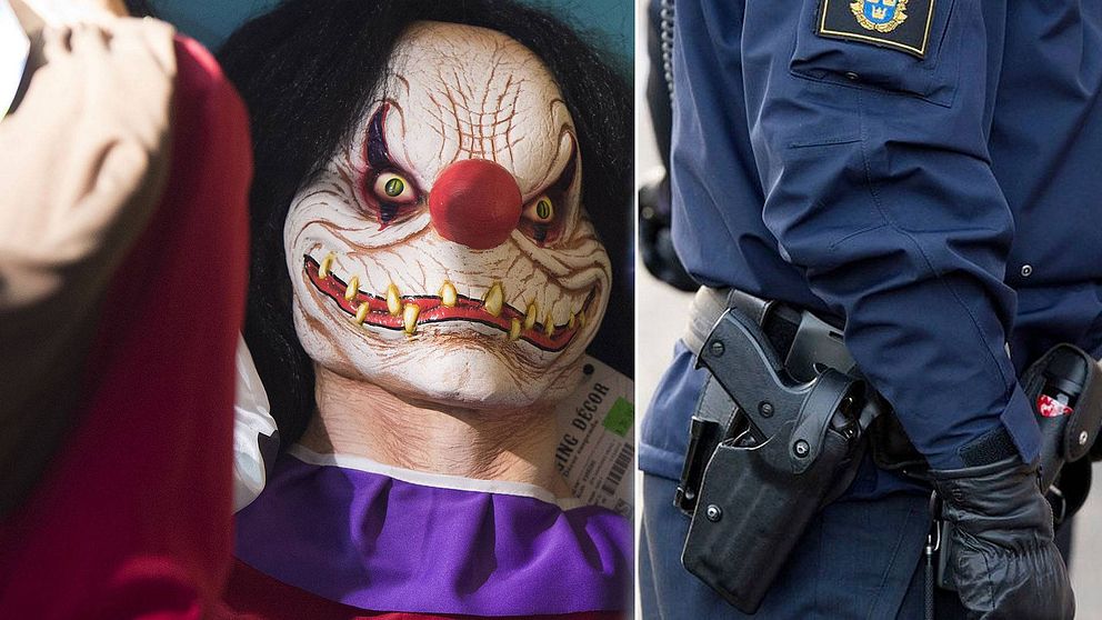 En läskig clownmask och en polisuniform.